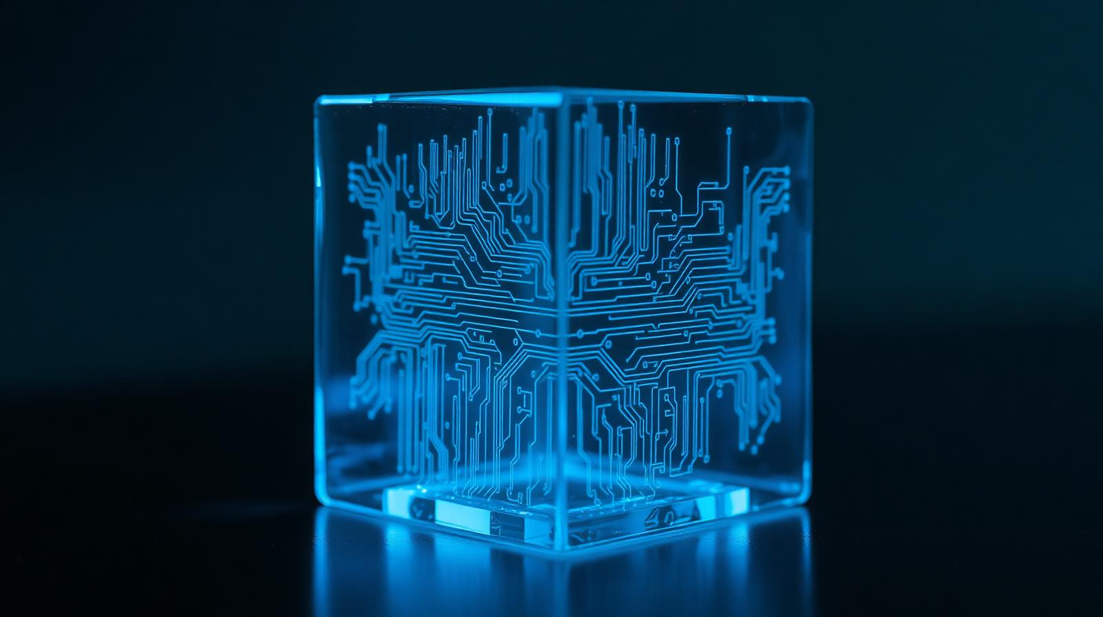 A glass cube etched with glowing blue circuitry — a visual metaphor for transparent, auditable AI