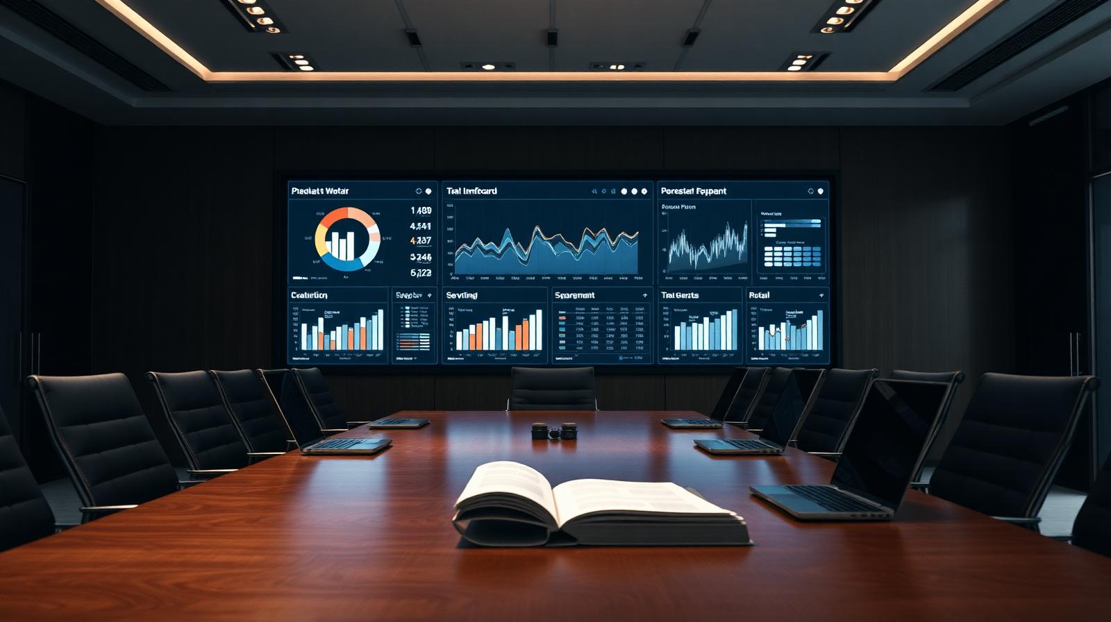 A dimly lit executive boardroom with a wall of live dashboards facing an empty table — information without action