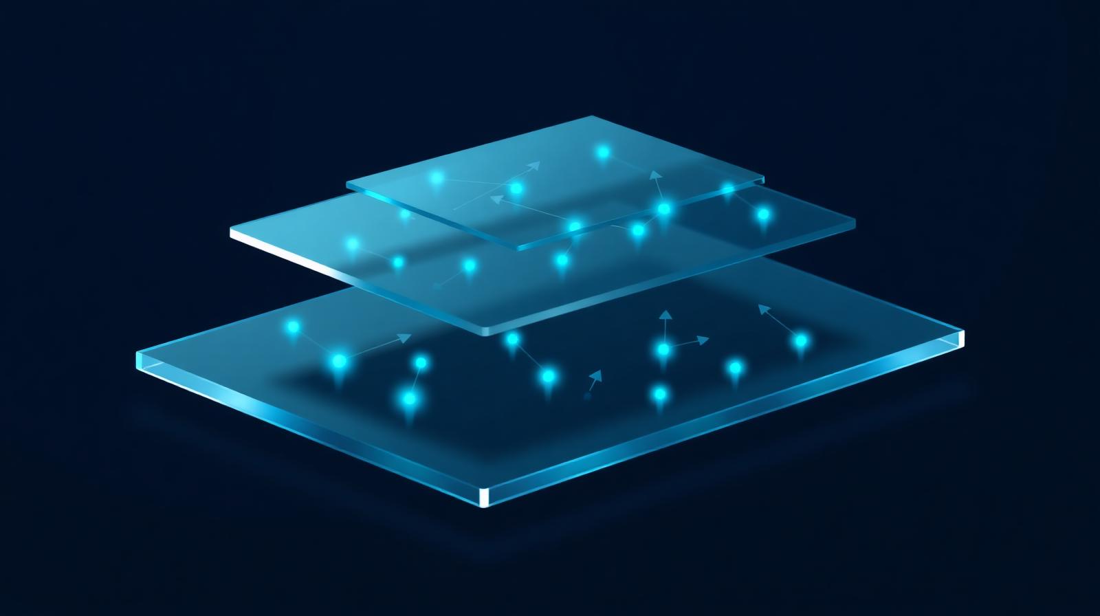 Layered translucent glass planes connecting data points to action arrows — a visual metaphor for the decision layer