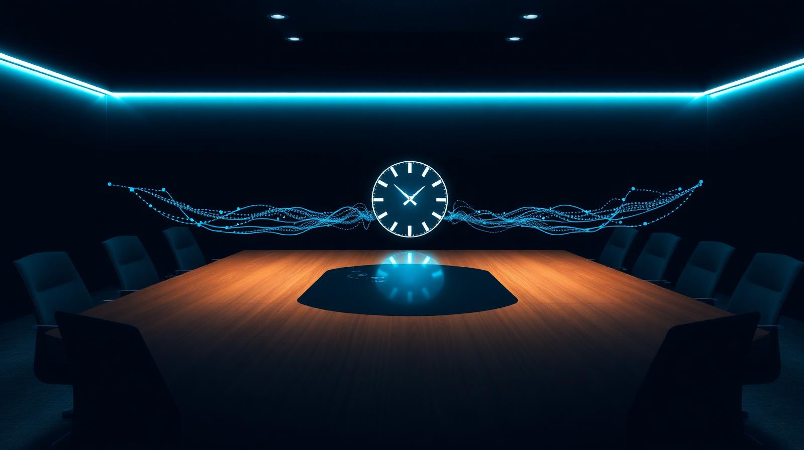 An empty boardroom table with a luminous clock and data streams converging toward the head of the table — a visual metaphor for closing the latency gap